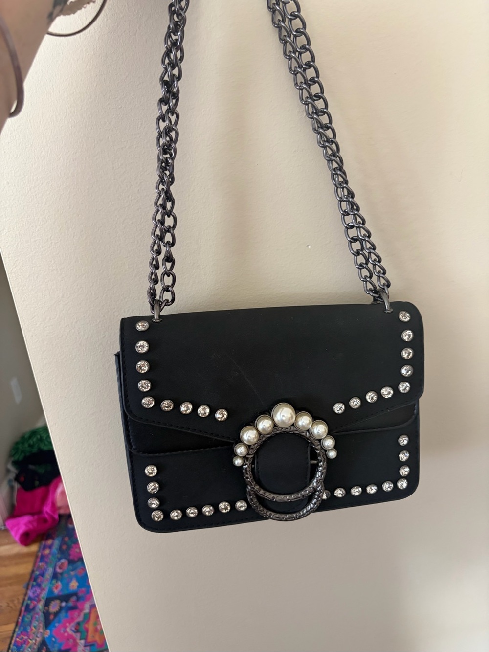 Black Studded Chain-strap Shoulder Bag with Pearl Accent